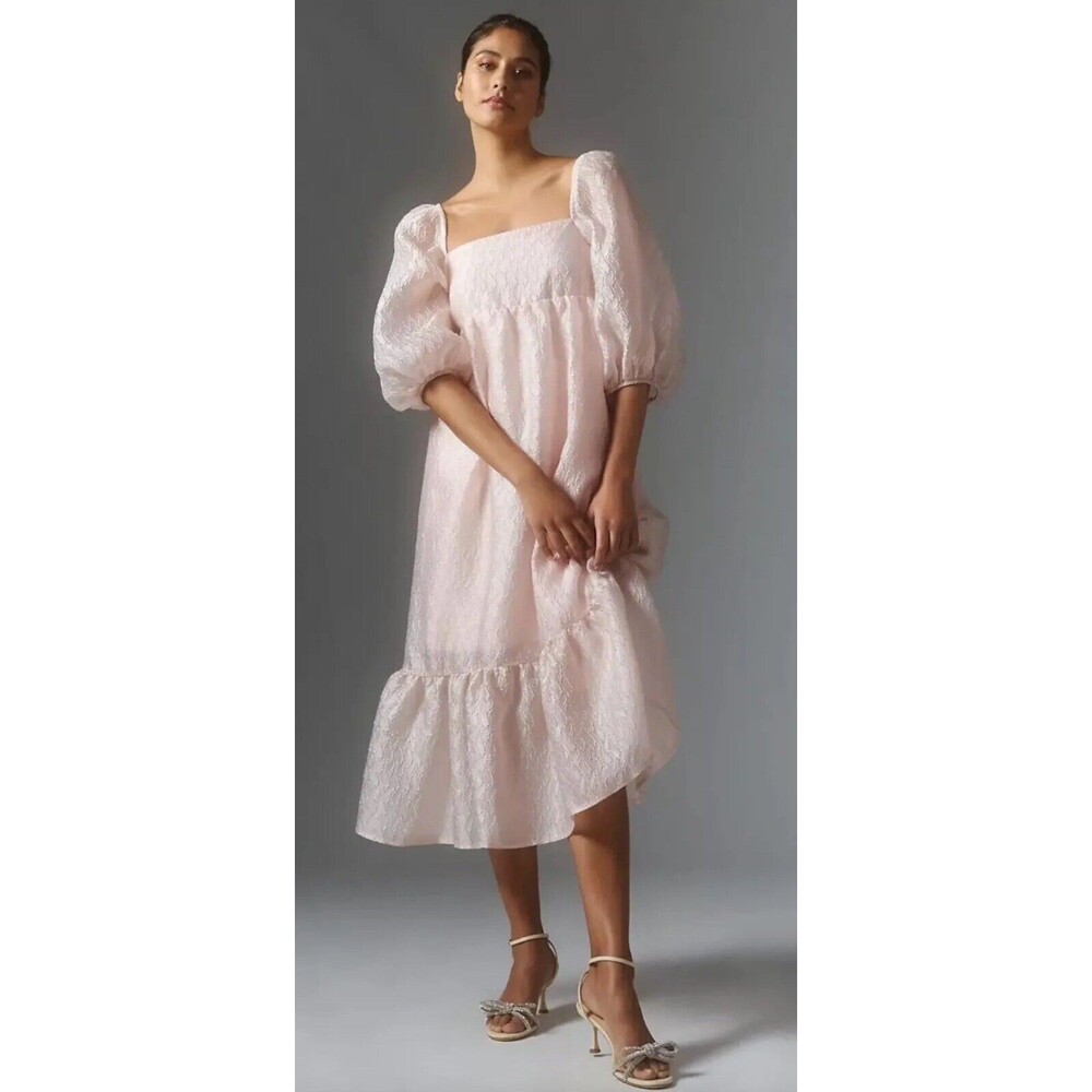 Anthropologie Women Plush Pink Textured Puff Sleeve Midi Classic Dress Sz M